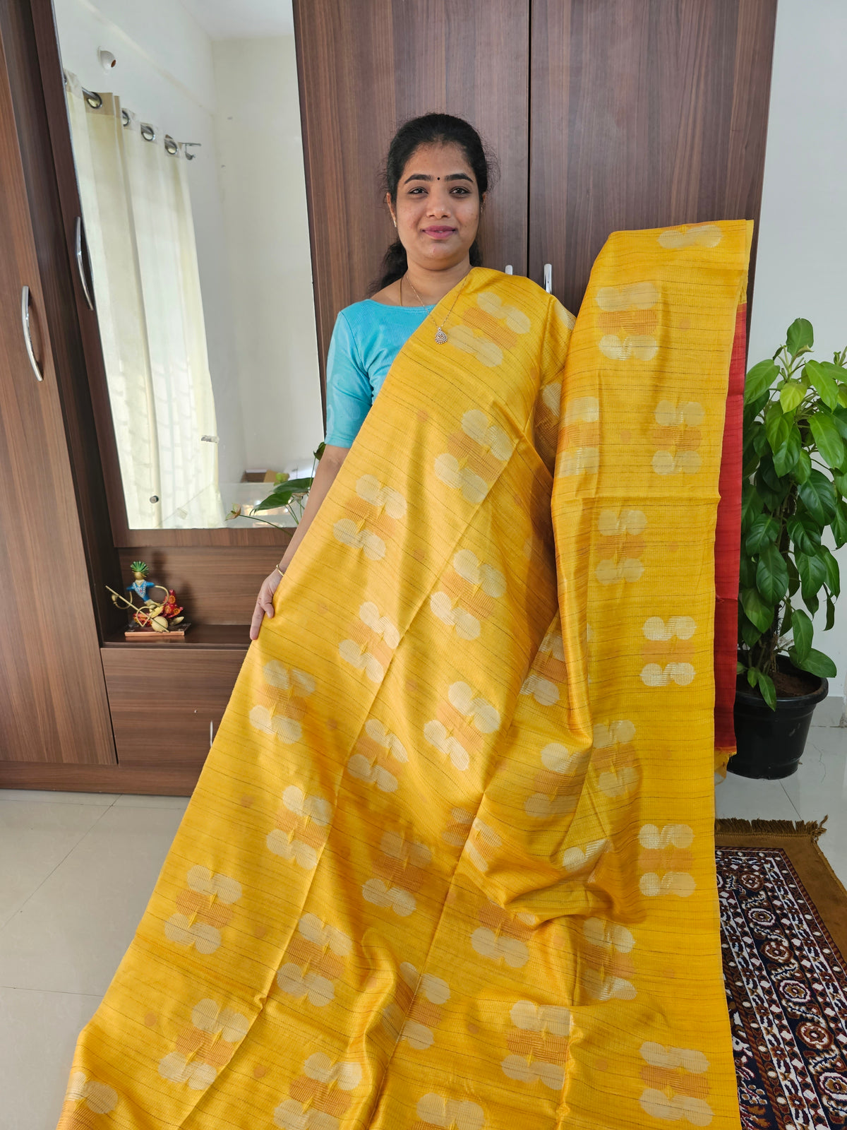 Semi Maandu Tussar Zari Weaving Saree -  Yellow with Red Blouse