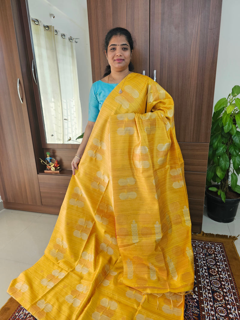 Semi Maandu Tussar Zari Weaving Saree -  Yellow with Red Blouse