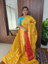 Semi Maandu Tussar Zari Weaving Saree -  Yellow with Red Blouse