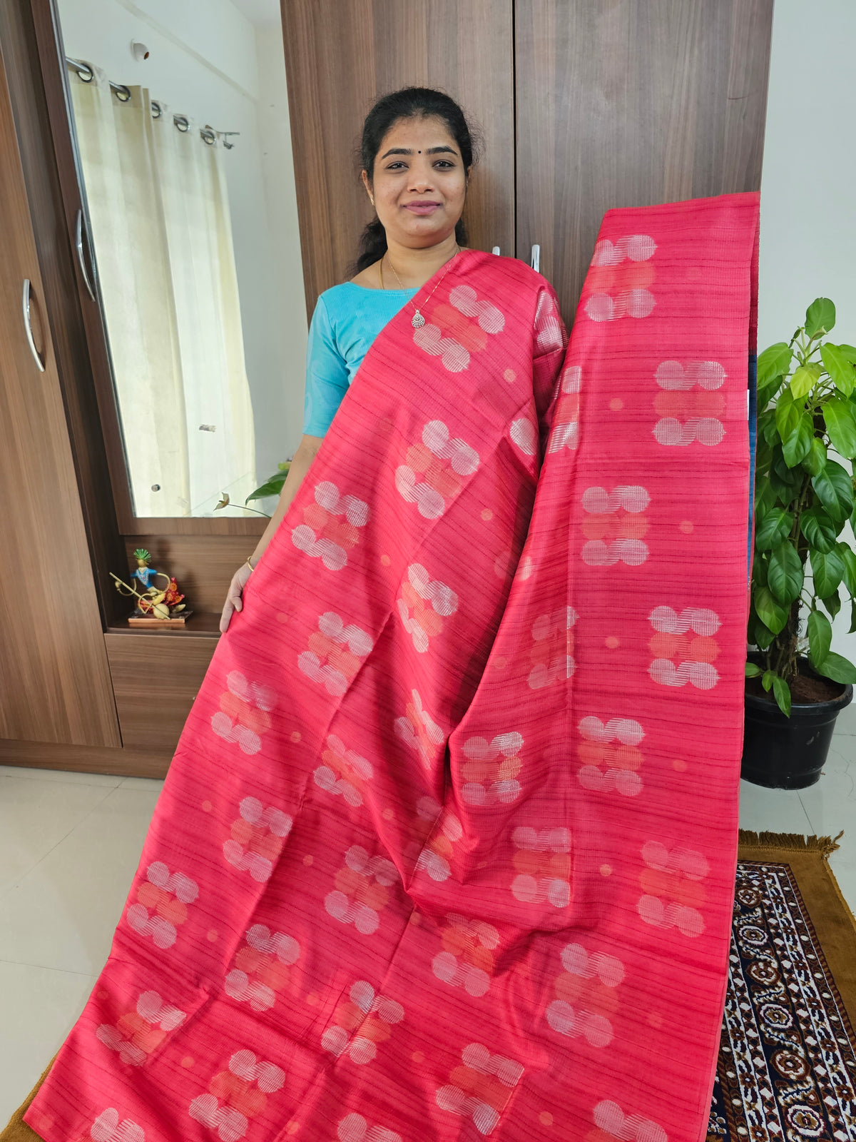 Semi Maandu Tussar Zari Weaving Saree - Dark Pink with Blue Blouse