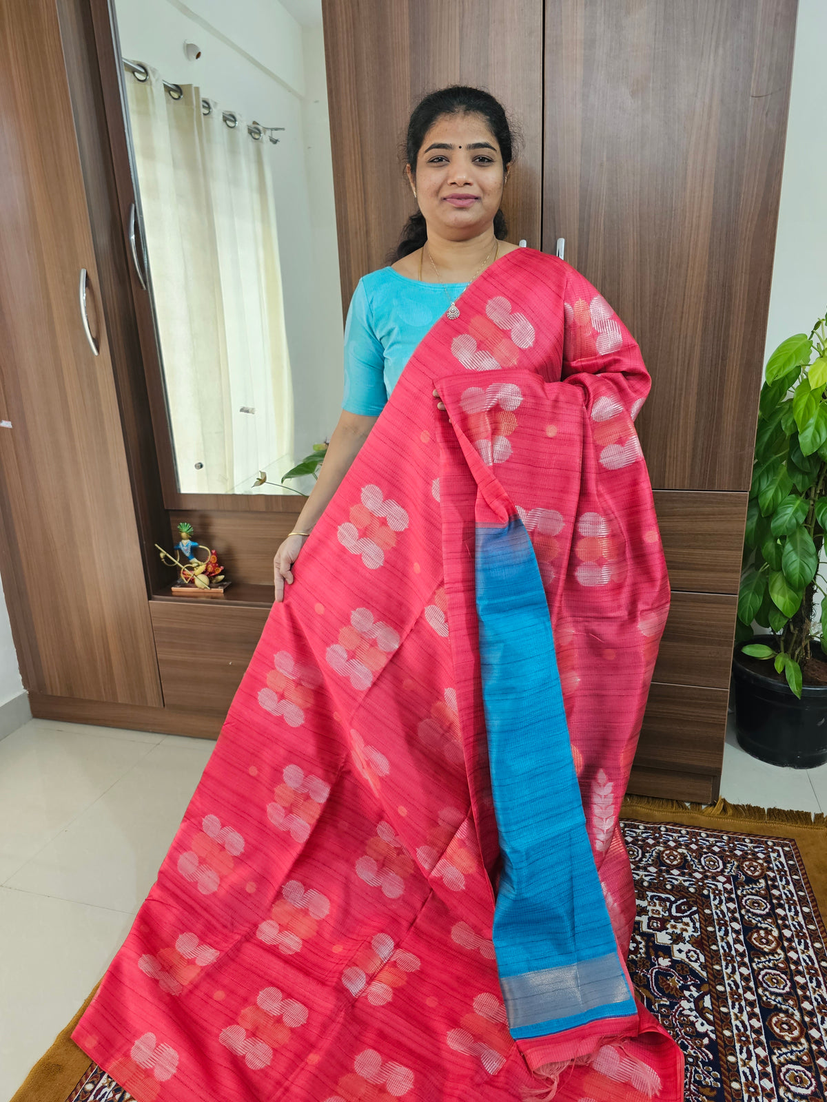 Semi Maandu Tussar Zari Weaving Saree - Dark Pink with Blue Blouse