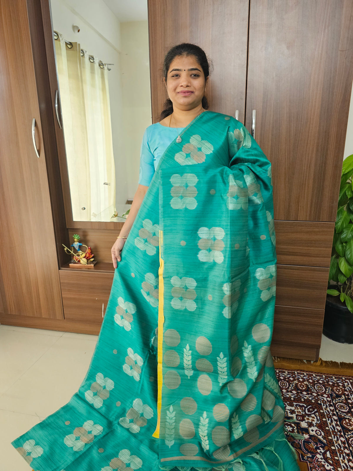 Semi Maandu Tussar Zari Weaving Saree - Dark Green  with Yellow Blouse