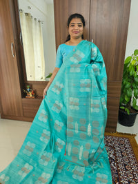 Semi Maandu Tussar Zari Weaving Saree - Sea Green with Red Blouse