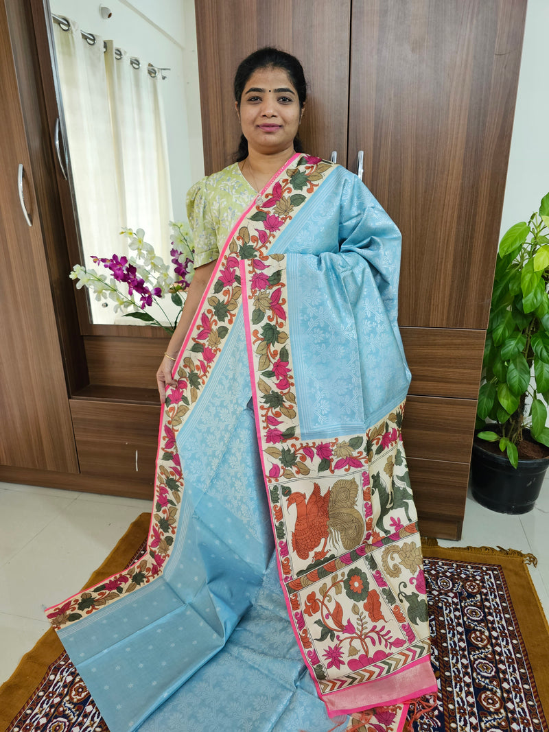 Semi Tussar Weaving  with Contrast Kalamkari Border - Blue with Pink