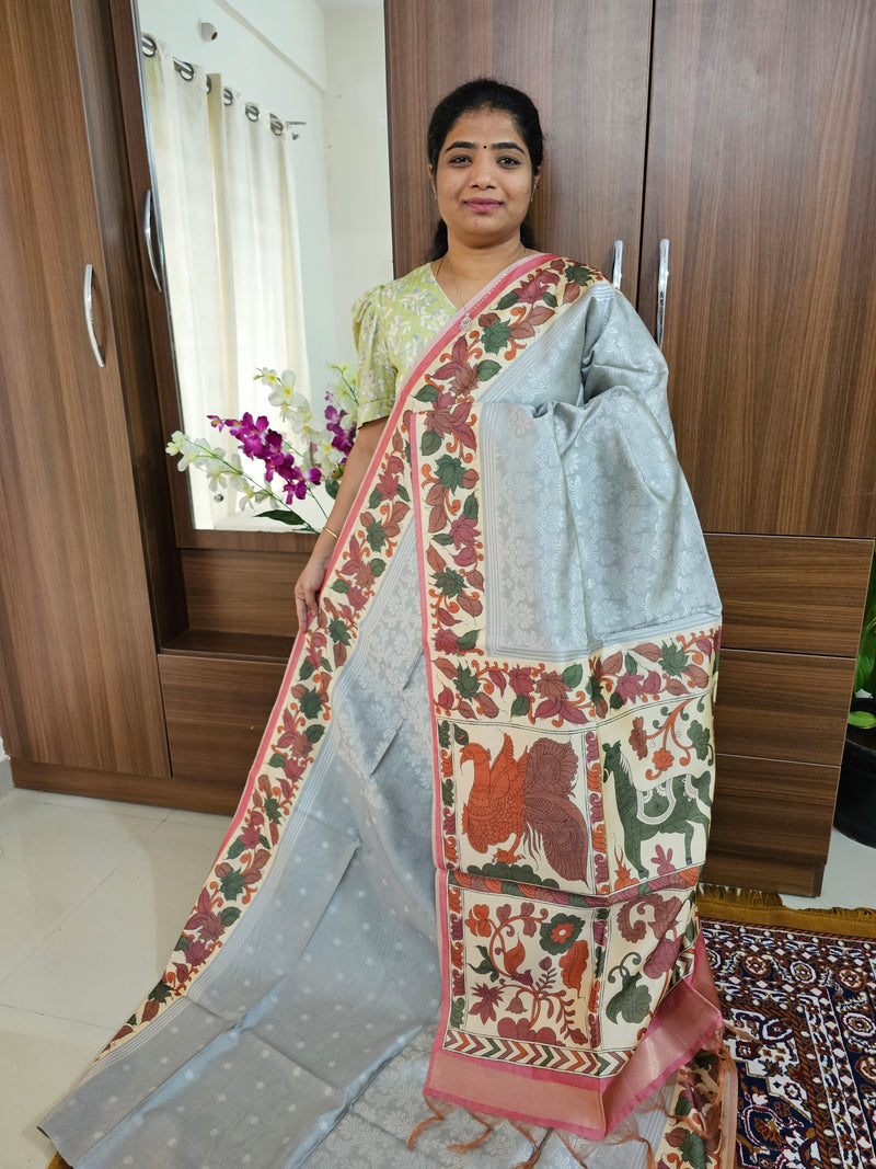 Semi Tussar Weaving  with Contrast Kalamkari Border - Grey with Onion Pink