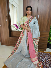 Semi Tussar Weaving  with Contrast Kalamkari Border - Grey with Onion Pink