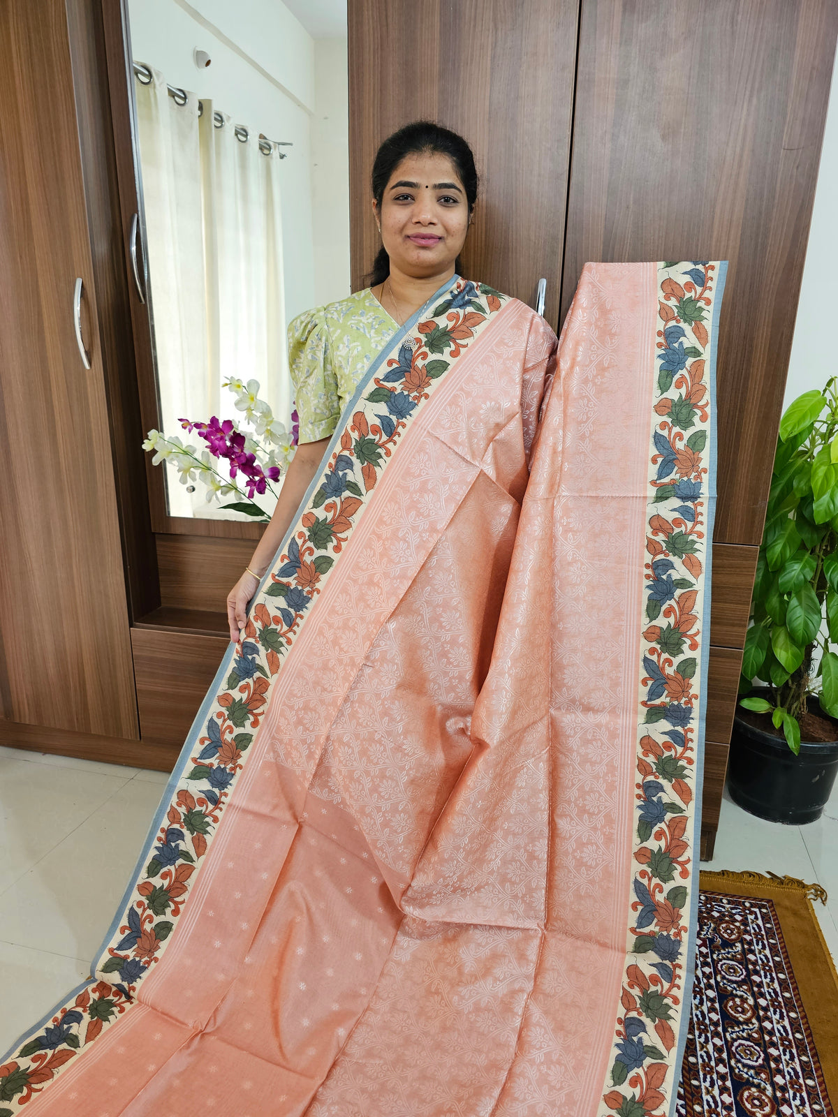 Semi Tussar Weaving  with Contrast Kalamkari Border - Peach with Grey