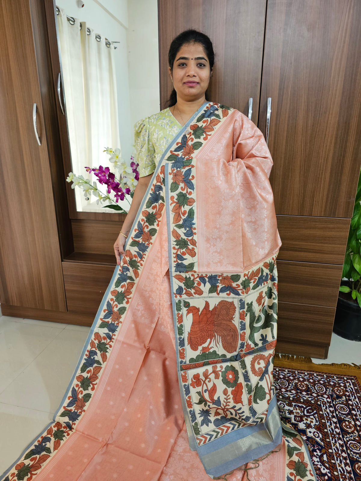 Semi Tussar Weaving  with Contrast Kalamkari Border - Peach with Grey