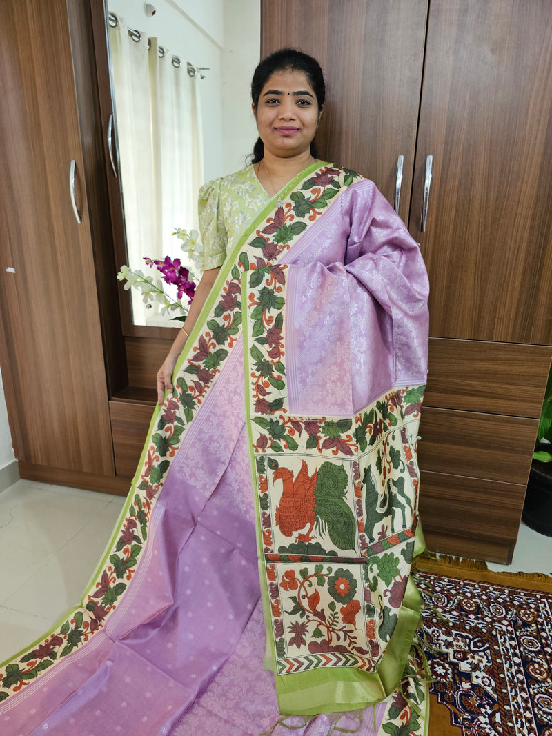 Semi Tussar Weaving  with Contrast Kalamkari Border - Lavender with Green