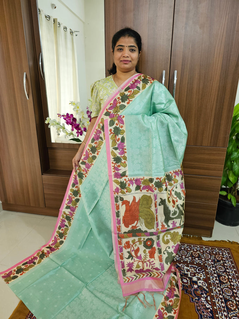 Semi Tussar Weaving  with Contrast Kalamkari Border - Sea Green with Pink