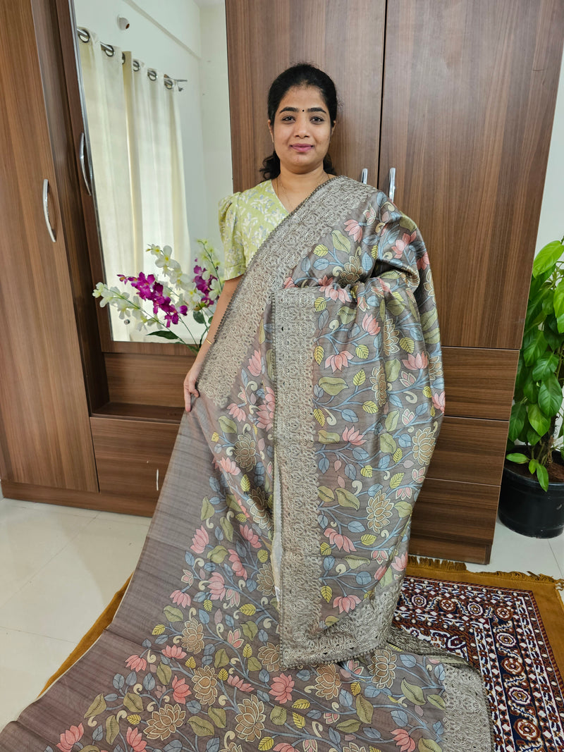 Semi Tussar Silk Saree with Cut Work  - Elephant Grey