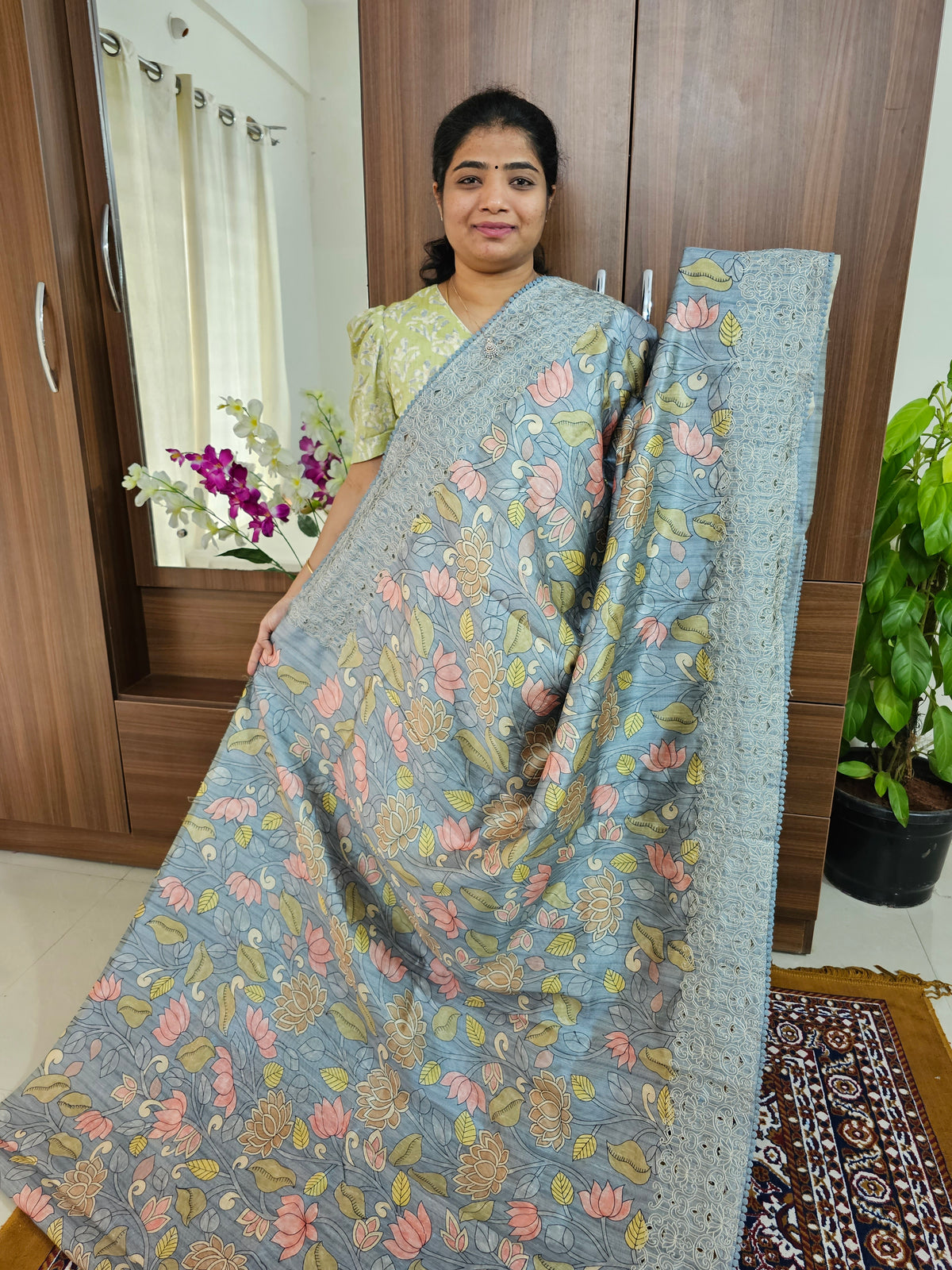 Semi Tussar Silk Saree with Cut Work  - Grey