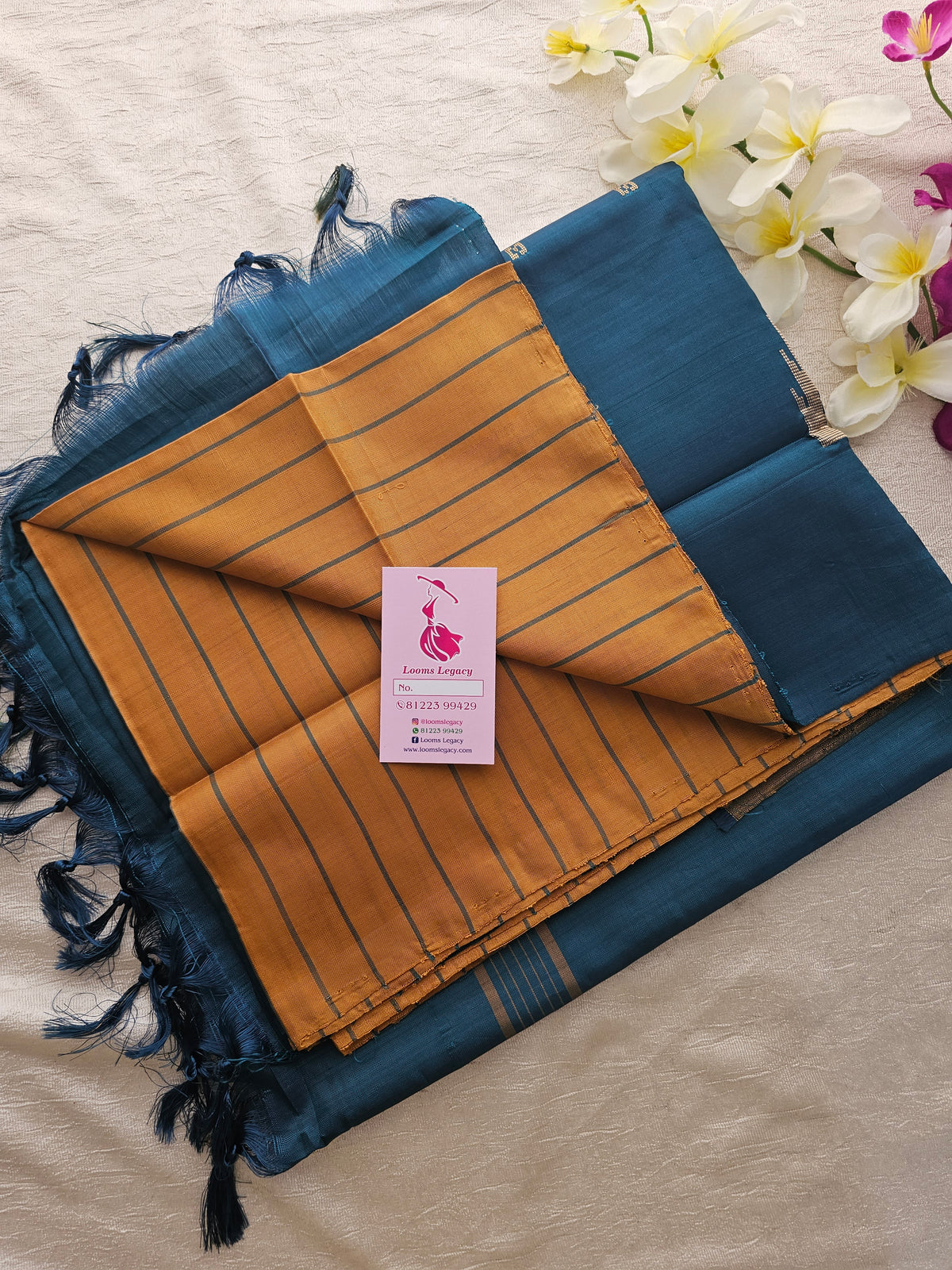 Mustard Yellow with Peacock Green Stripes  Handwoven Chinnalampattu Saree