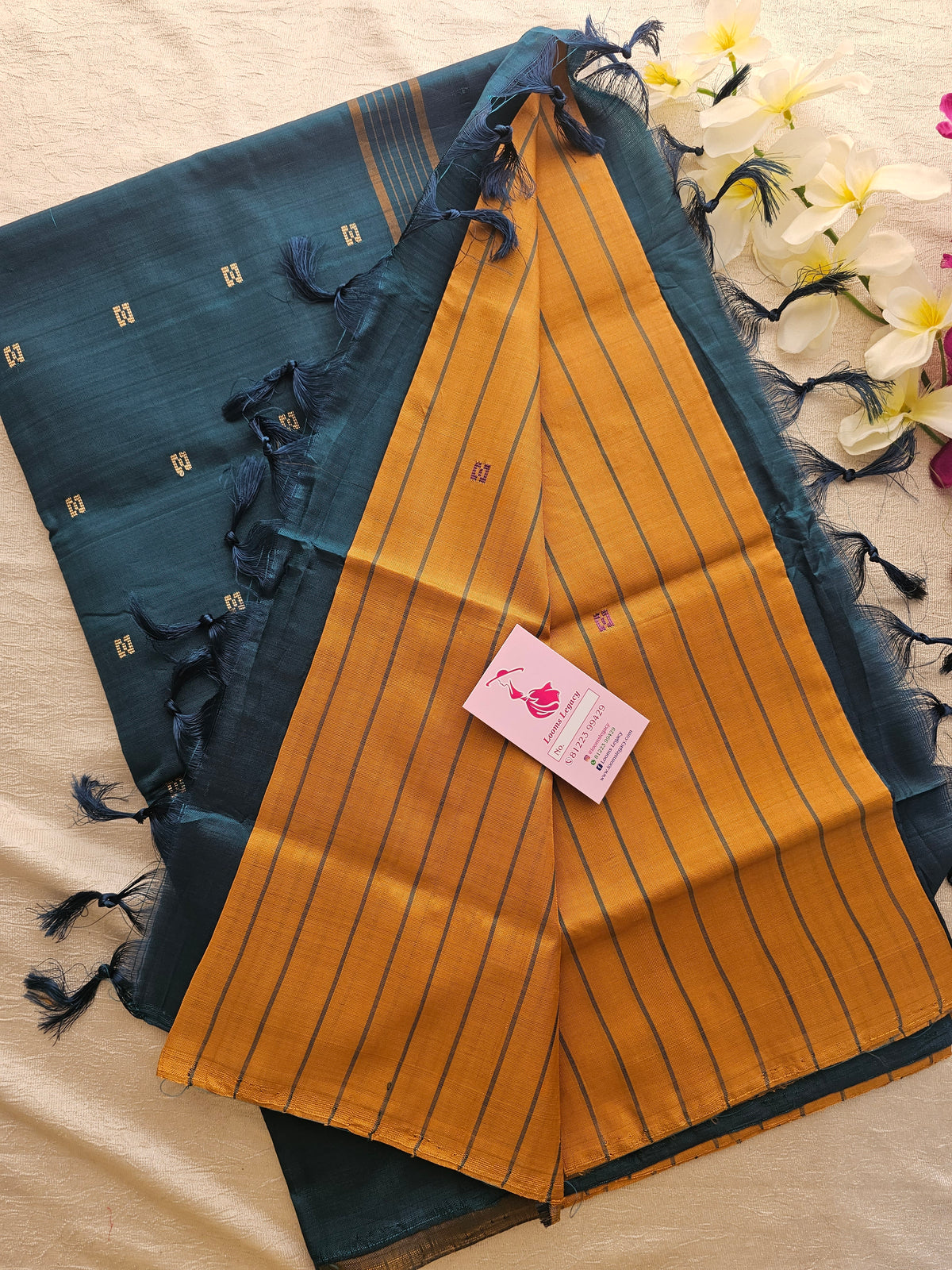 Mustard Yellow with Peacock Green Stripes  Handwoven Chinnalampattu Saree