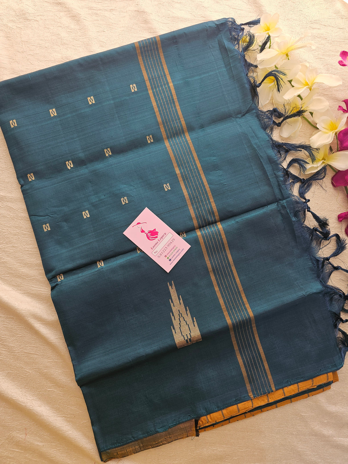 Mustard Yellow with Peacock Green Stripes  Handwoven Chinnalampattu Saree