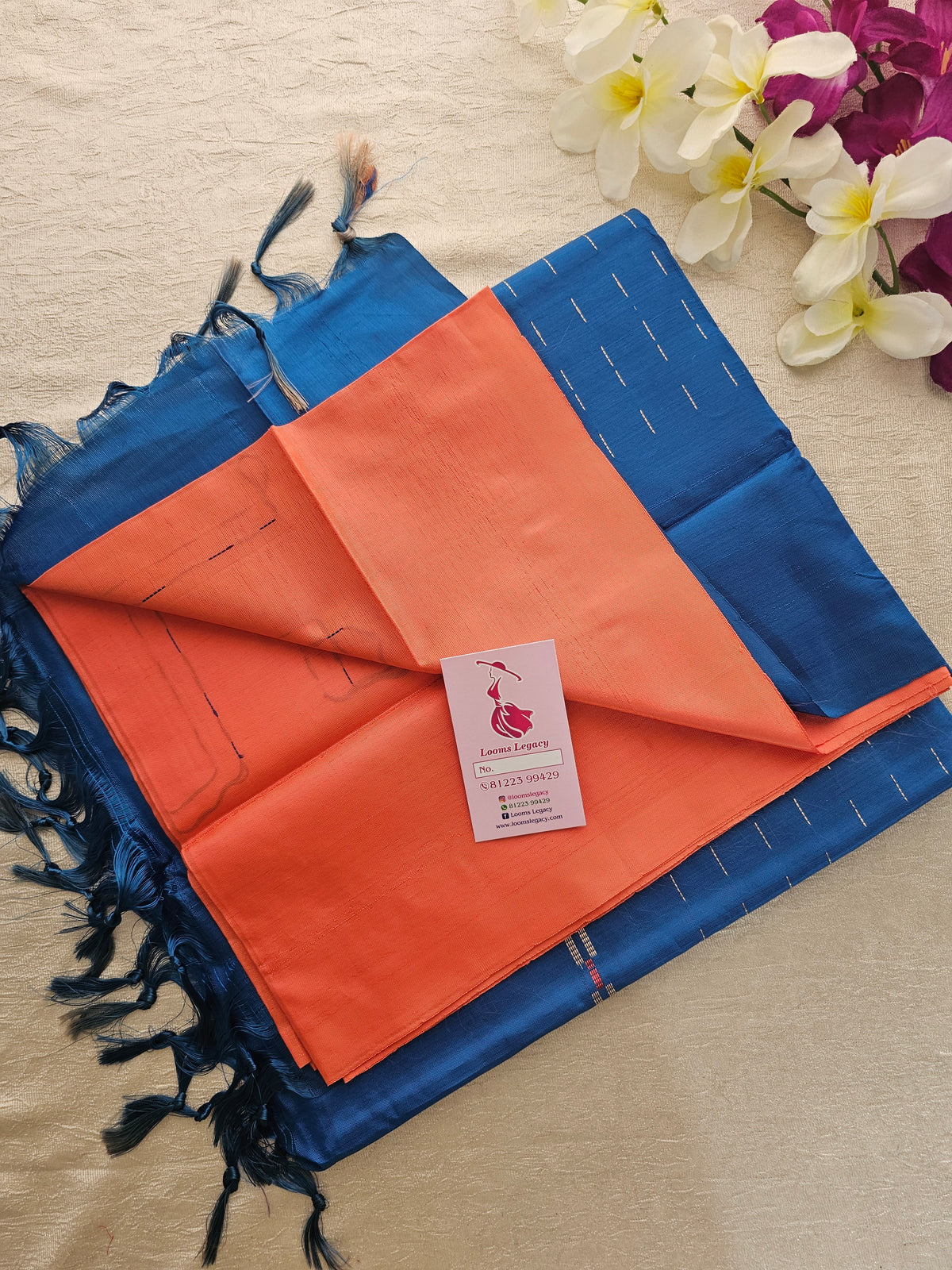 Peach  with Blue Pallu Handwoven Chinnalampattu Saree