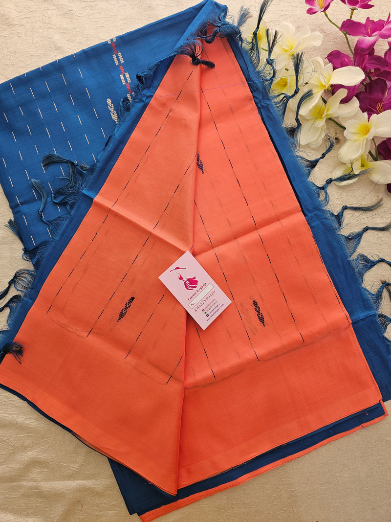 Peach  with Blue Pallu Handwoven Chinnalampattu Saree