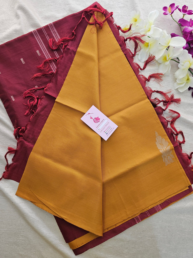 Mustard Yellow with Maroon Pallu Handwoven Chinnalampattu Saree