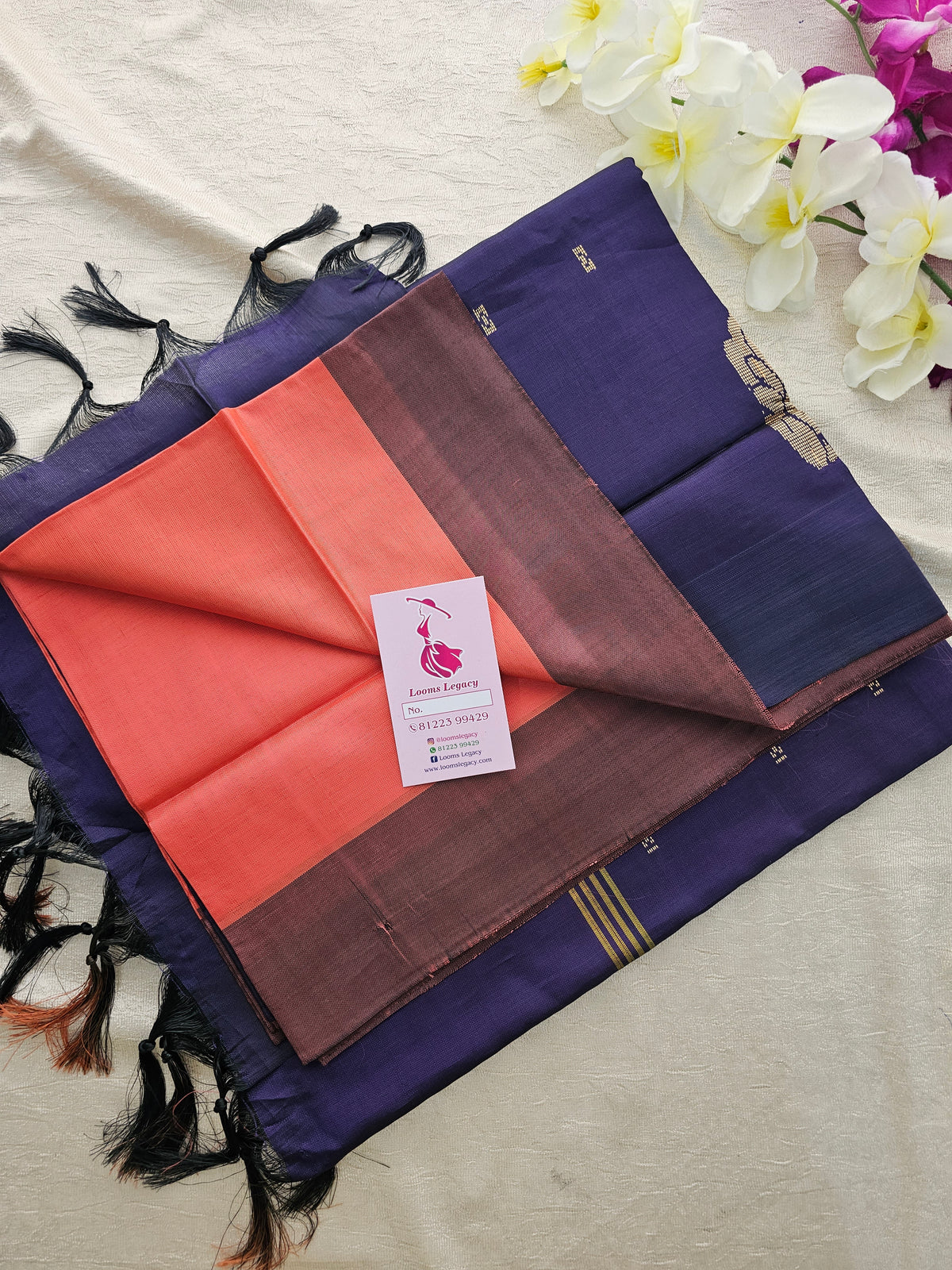 Peach with Navy Blue Handwoven Chinnalampattu Saree