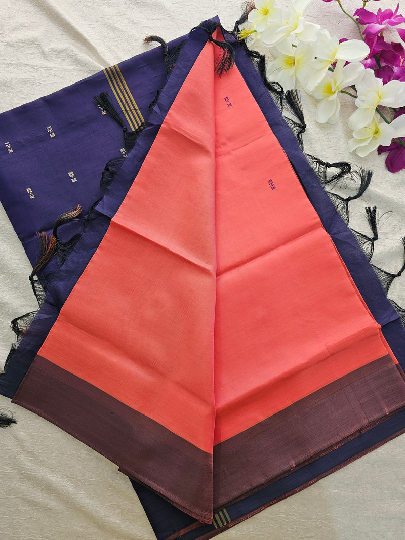 Peach with Navy Blue Handwoven Chinnalampattu Saree