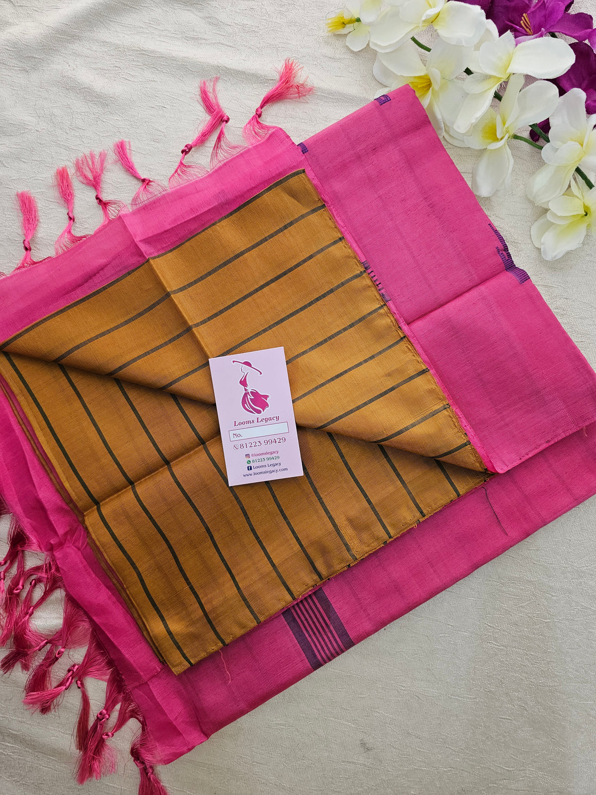 Mustard Yellow Stripes with Pink Handwoven Chinnalampattu Saree