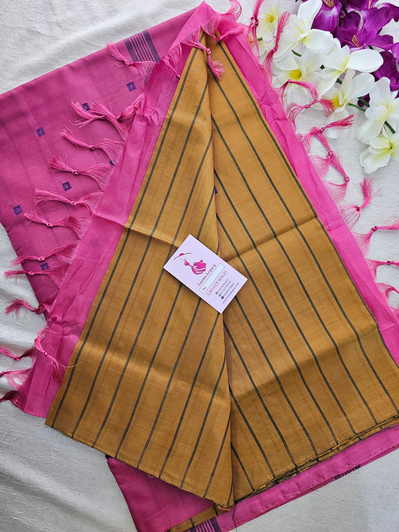 Mustard Yellow Stripes with Pink Handwoven Chinnalampattu Saree