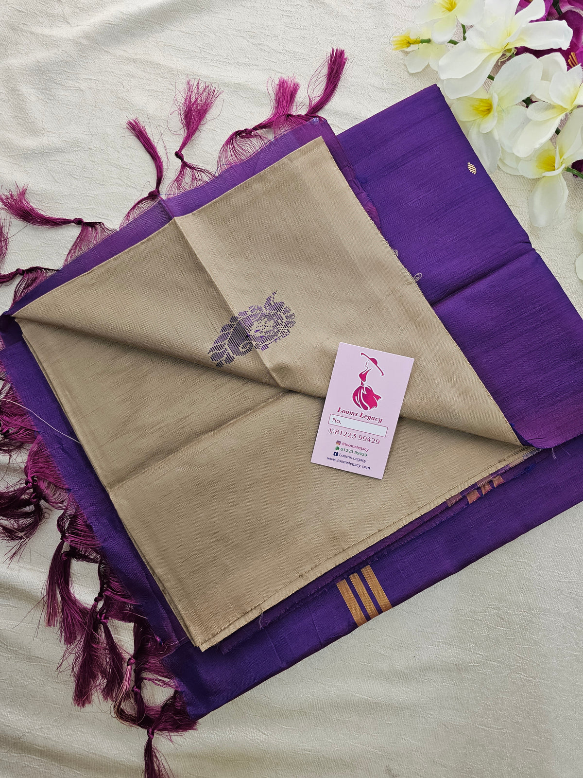 Beige with Dark Dual Shade Purple  Handwoven Chinnalampattu Saree