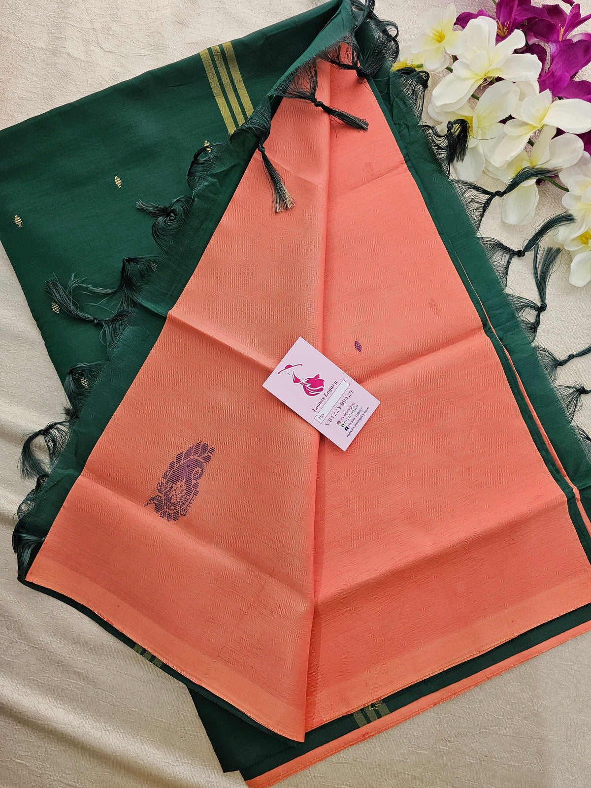 Peach with Green Handwoven Chinnalampattu Saree