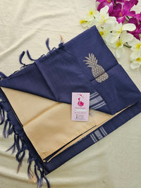 𝗛𝗮𝗹𝗳 𝗮𝗻𝗱 𝗛𝗮𝗹𝗳 𝗣𝗮𝘁𝘁𝗲𝗿𝗻 Cream with Navy Blue Handwoven Chinnalampattu Saree