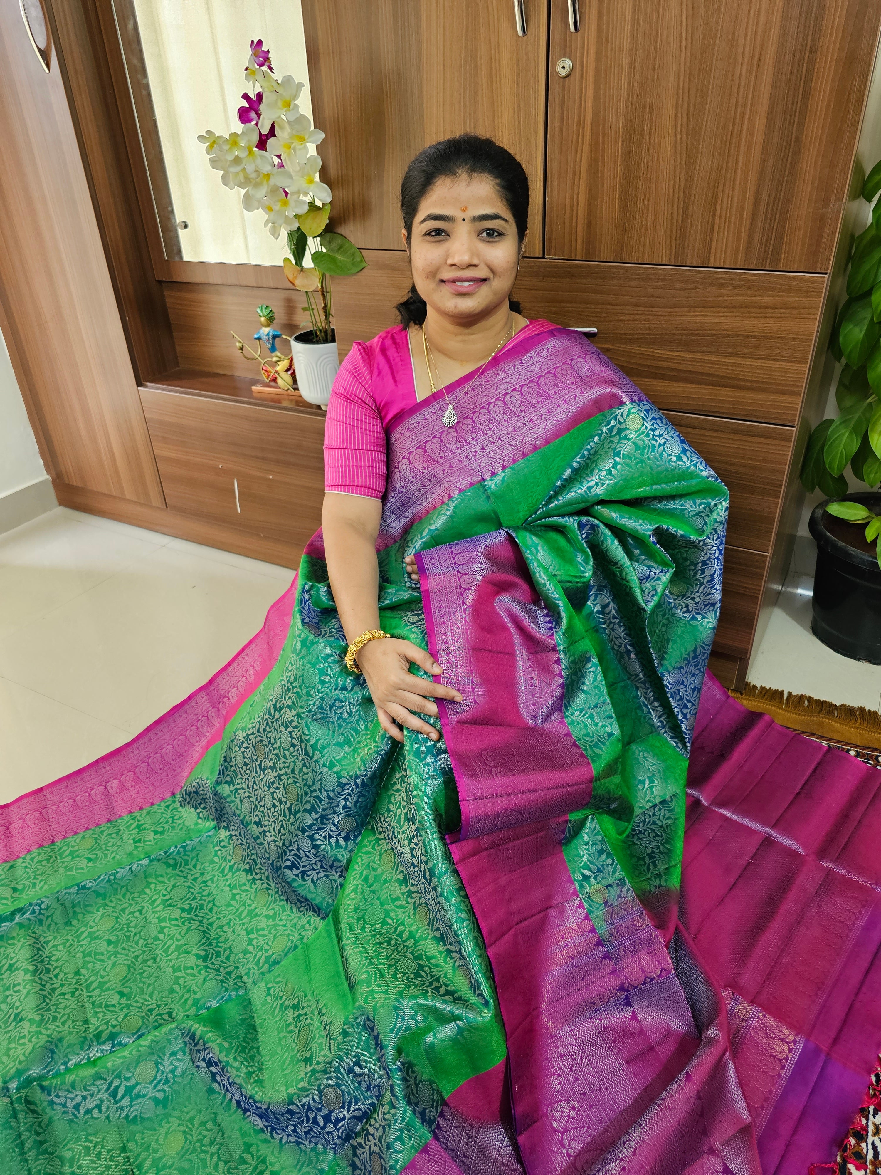 Dark Green Banarasi Soft Silk Saree