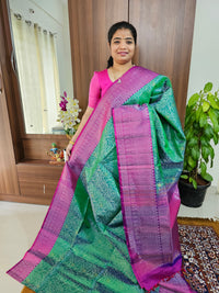 Classical Brocade Kanjivaram Pattern Pure Handloom Soft Silk Saree - Dual Shade Dark Green with Magenta Pink
