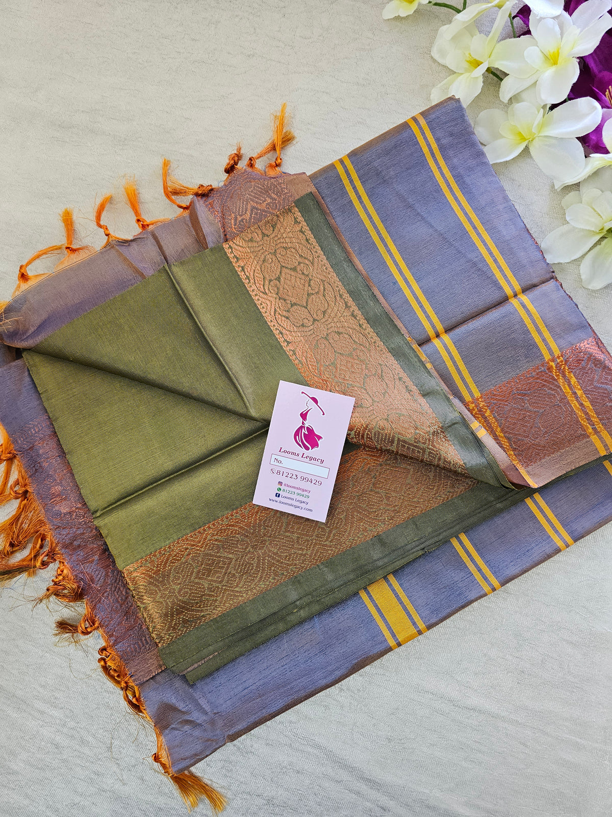 Green with Bluish Orange Chinnalampattu Long Border Saree