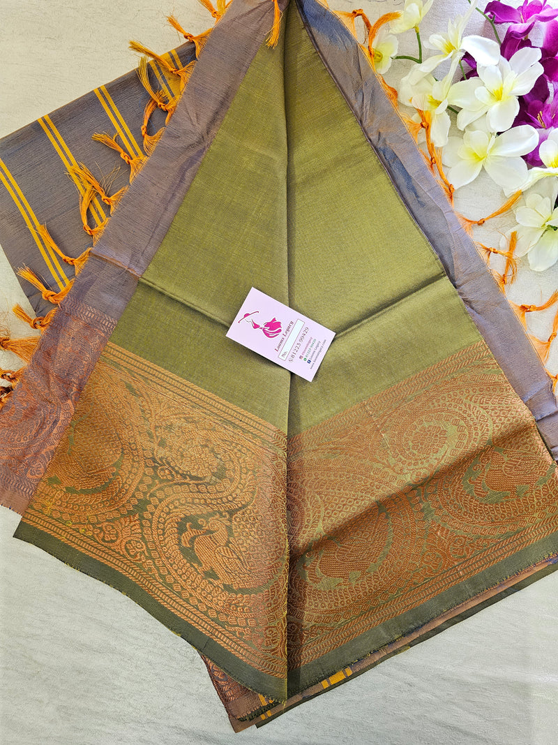 Green with Bluish Orange Chinnalampattu Long Border Saree