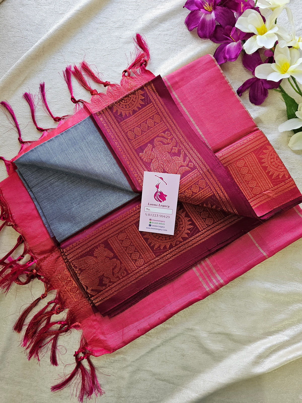 Grey with Pink Chinnalampattu Border Saree