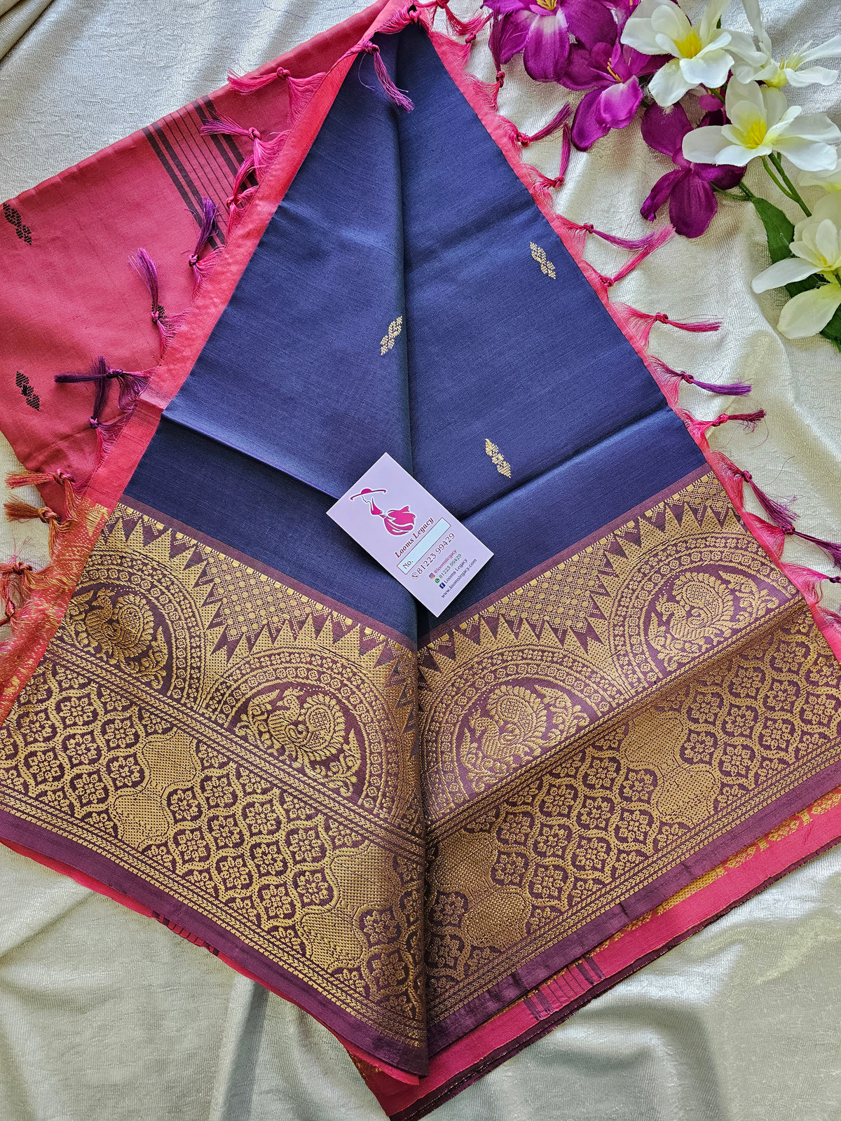 Dark Blue with Pink Chinnalampattu Long Border Saree