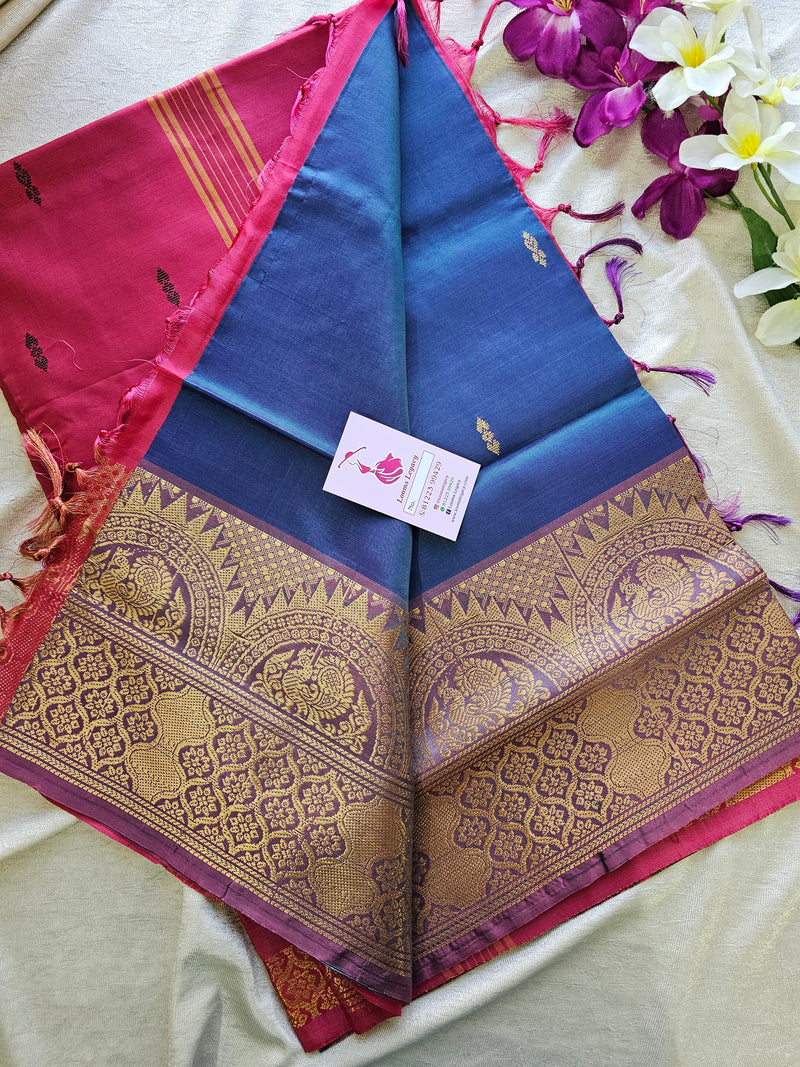 Dark Blue with Pink Chinnalampattu Long Border Saree