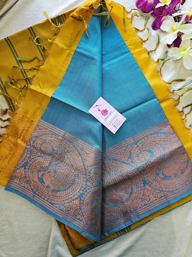 Blue with Mustard Yellow Chinnalampattu Long Border Saree