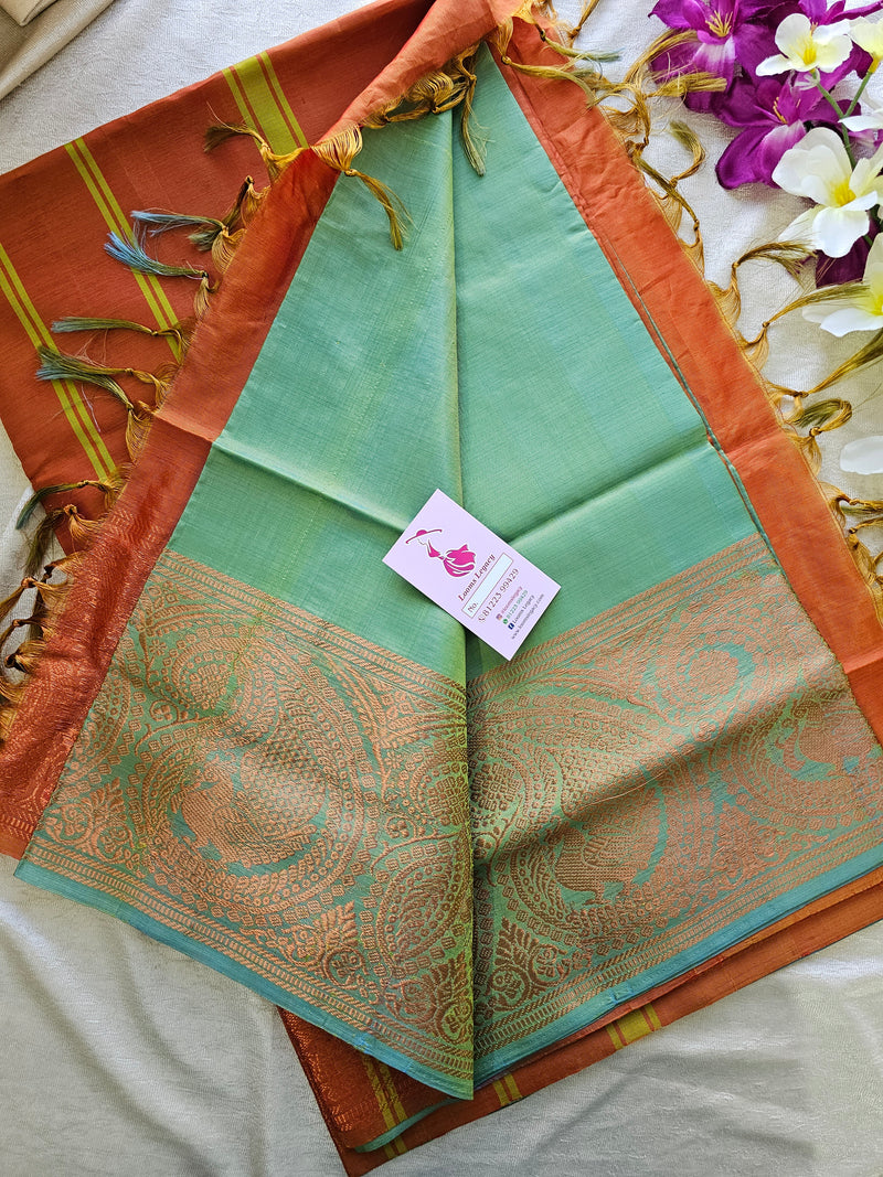 Sea Green with Orange Chinnalampattu Long Border Saree