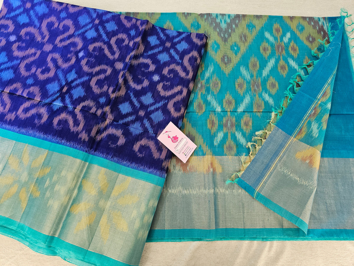 Blue with Sky Blue  Pochampally Ikkat Silk Cotton (SICO Pattu)