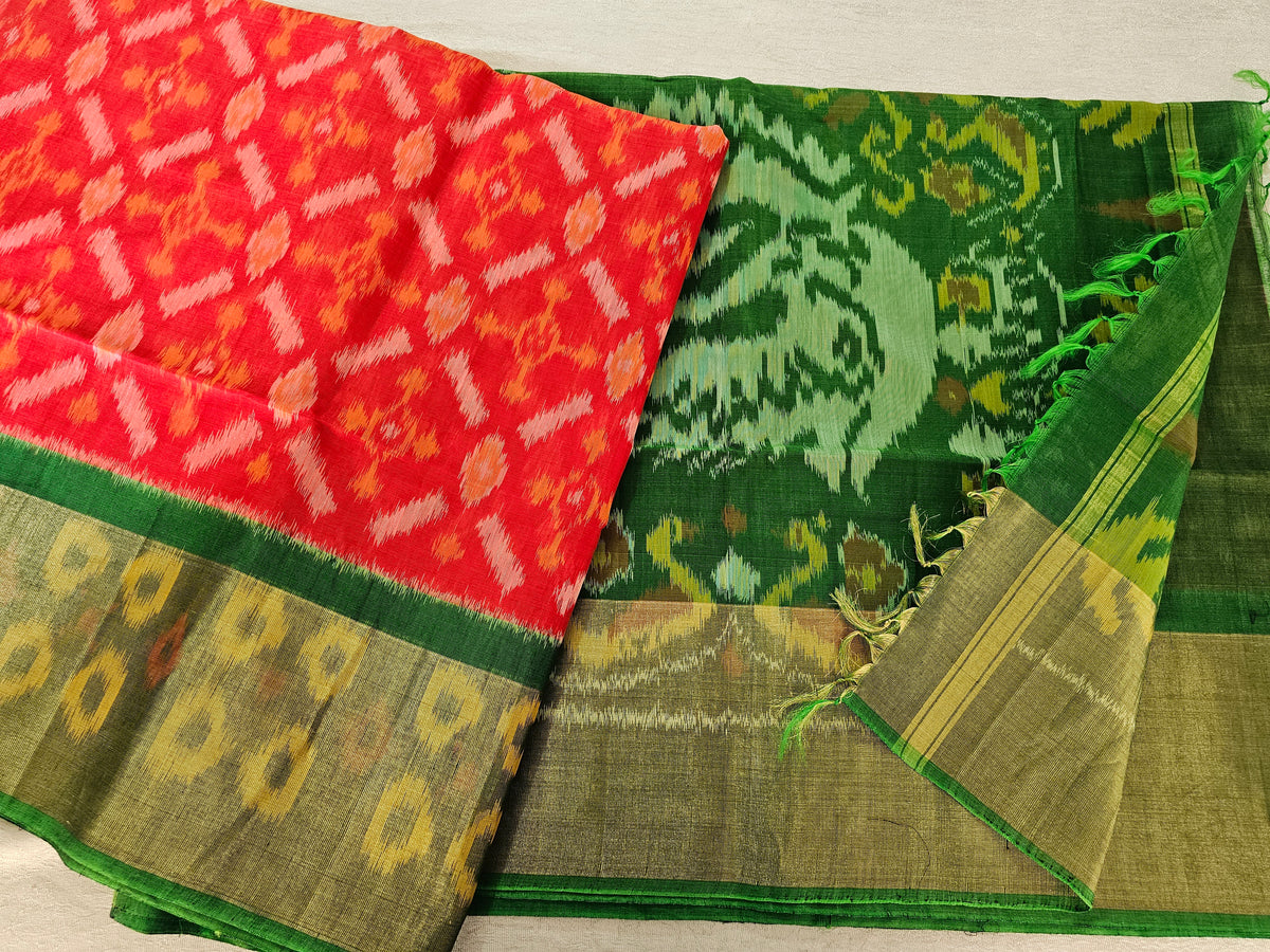 Red with Green Pochampally Ikkat Silk Cotton (SICO Pattu)