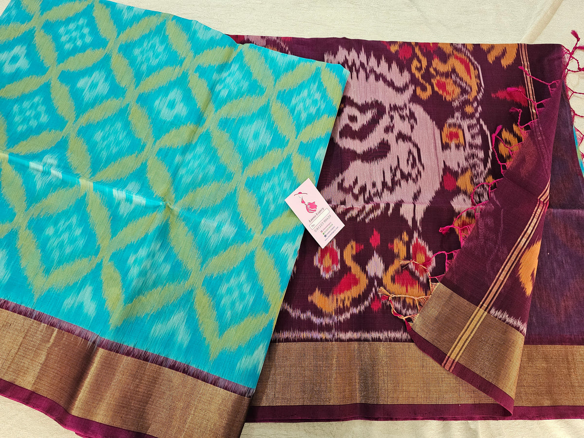 Blue with Magenta Pink Pochampally Ikkat Silk Cotton (SICO Pattu)