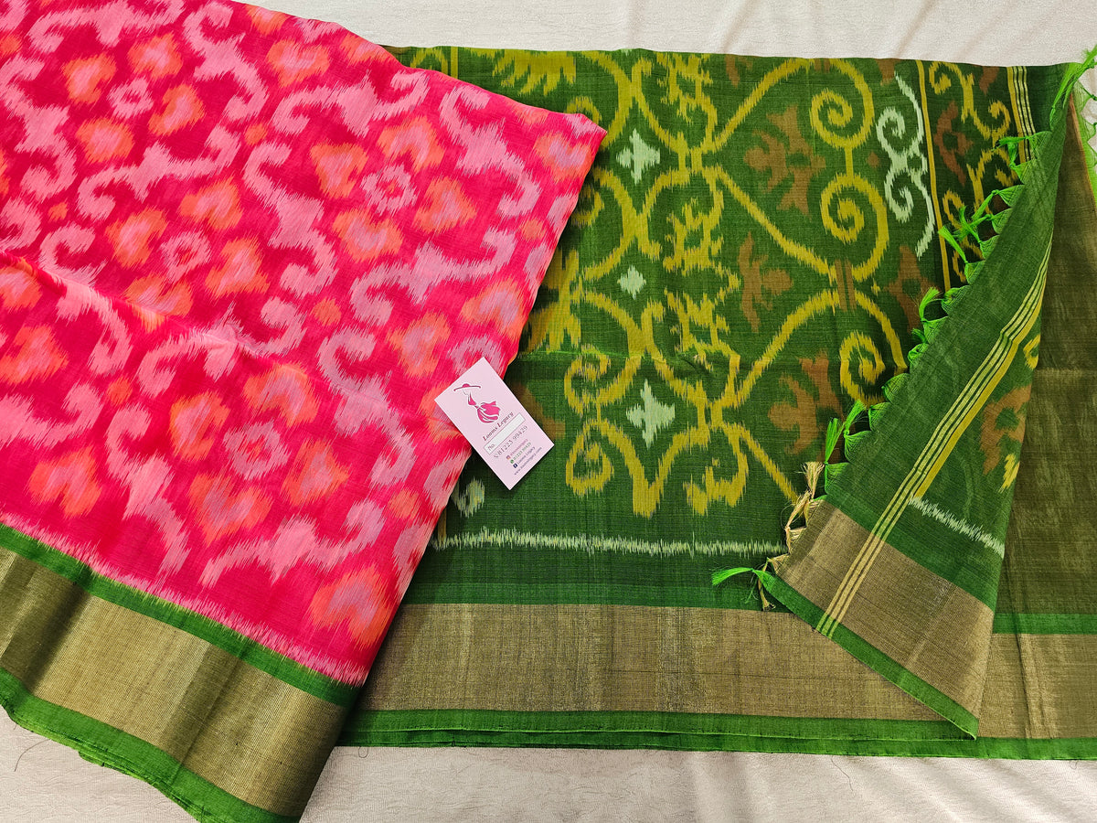 Reddish Pink with Green Pochampally Ikkat Silk Cotton (SICO Pattu)