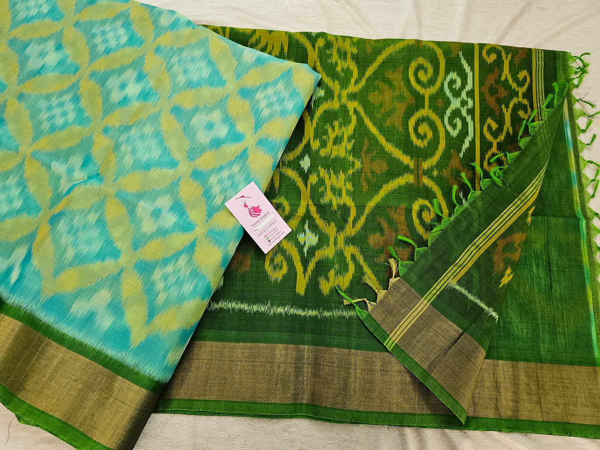 Sea Blue with Green Pochampally Ikkat Silk Cotton (SICO Pattu)