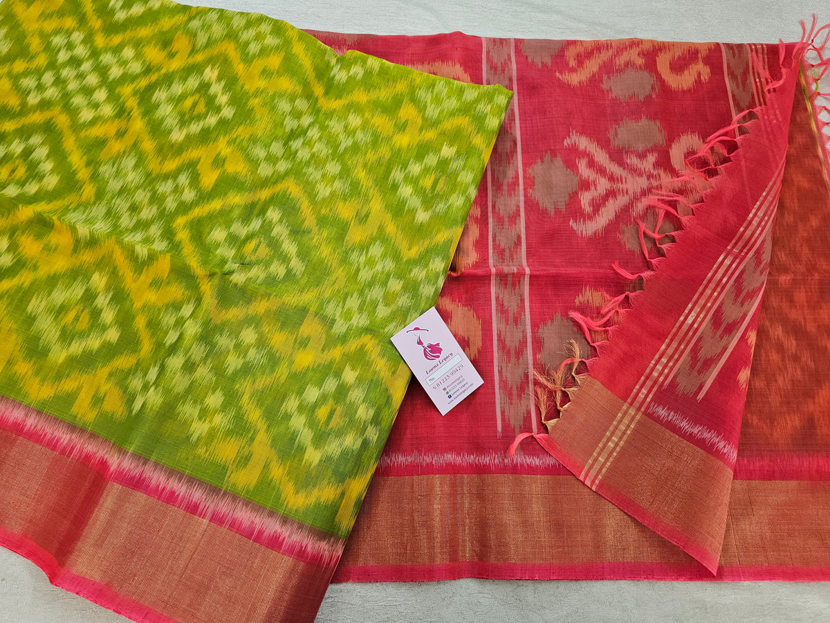 Green with Peach Pochampally Ikkat Silk Cotton (SICO Pattu)