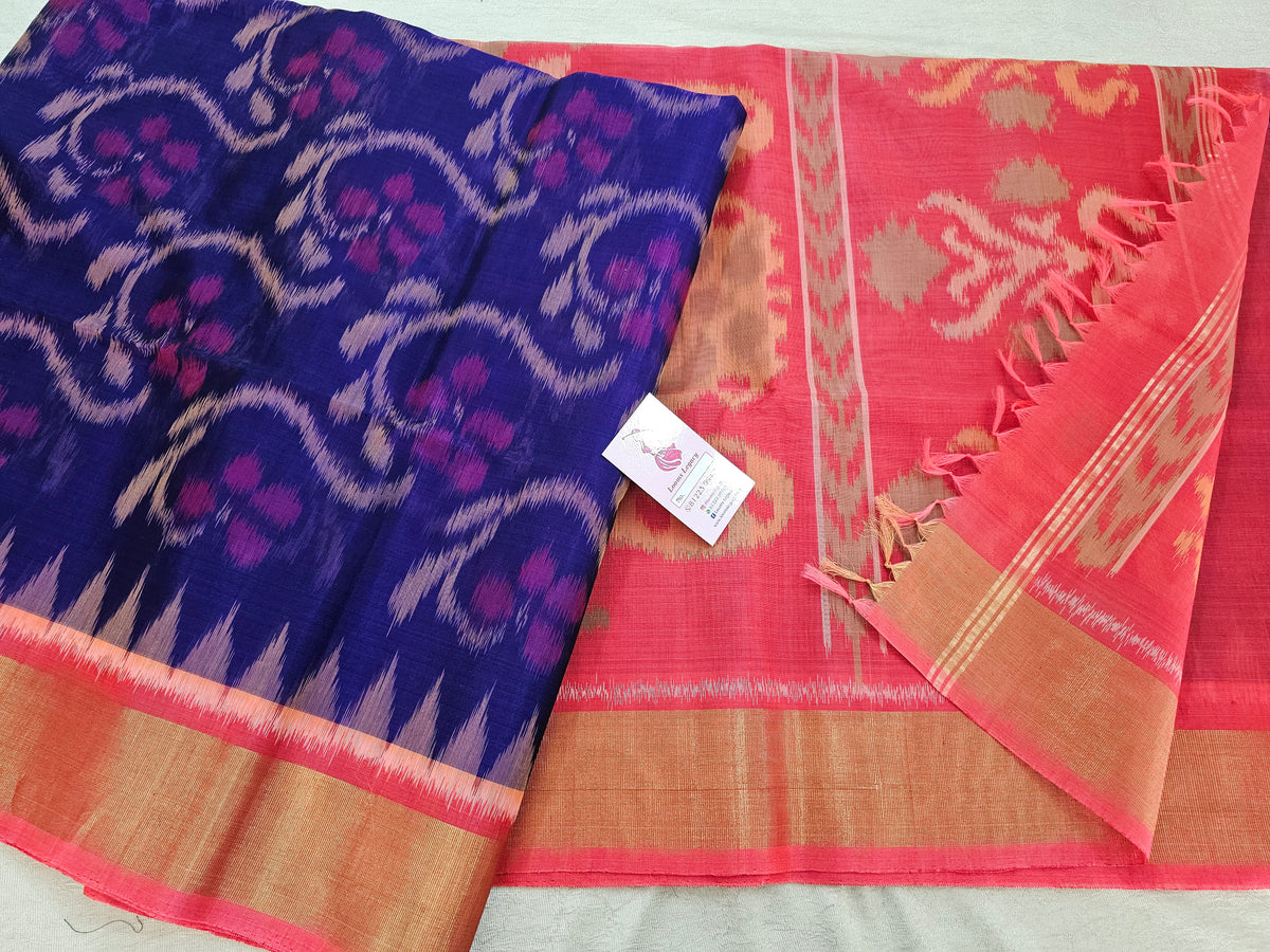 Dark Blue with Peach Pochampally Ikkat Silk Cotton (SICO Pattu)