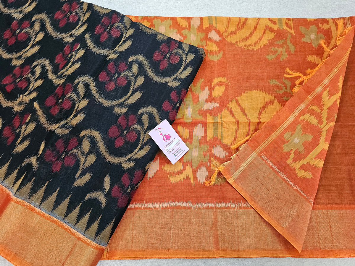 Black with Orange Pochampally Ikkat Silk Cotton (SICO Pattu)