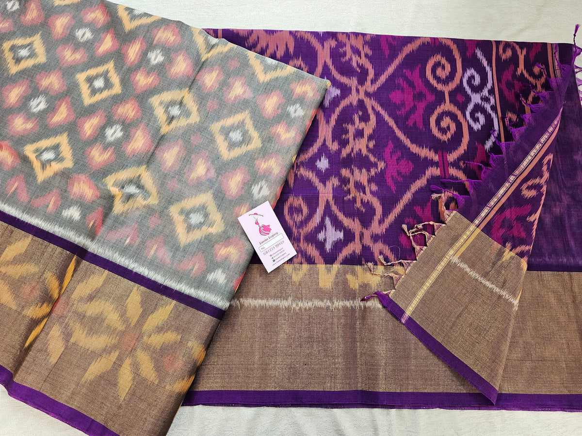 Grey with Purple Pochampally Ikkat Silk Cotton (SICO Pattu)