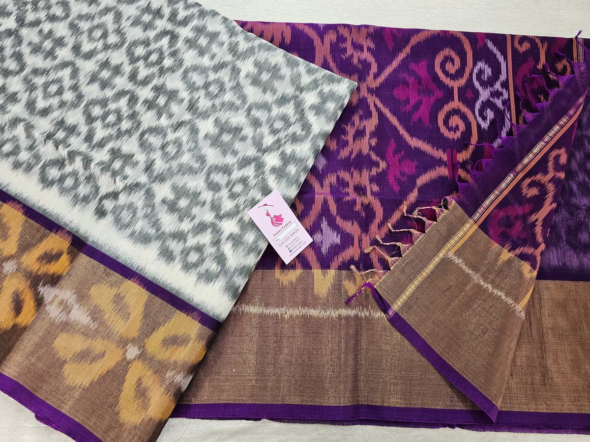 Grey with Purple Pochampally Ikkat Silk Cotton (SICO Pattu)