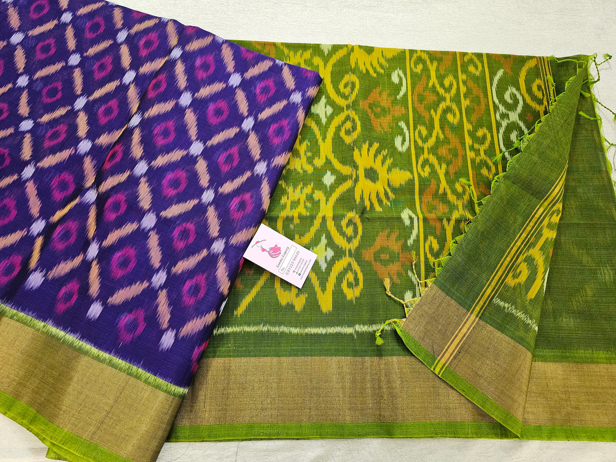 Dark Blue with Green  Pochampally Ikkat Silk Cotton (SICO Pattu)