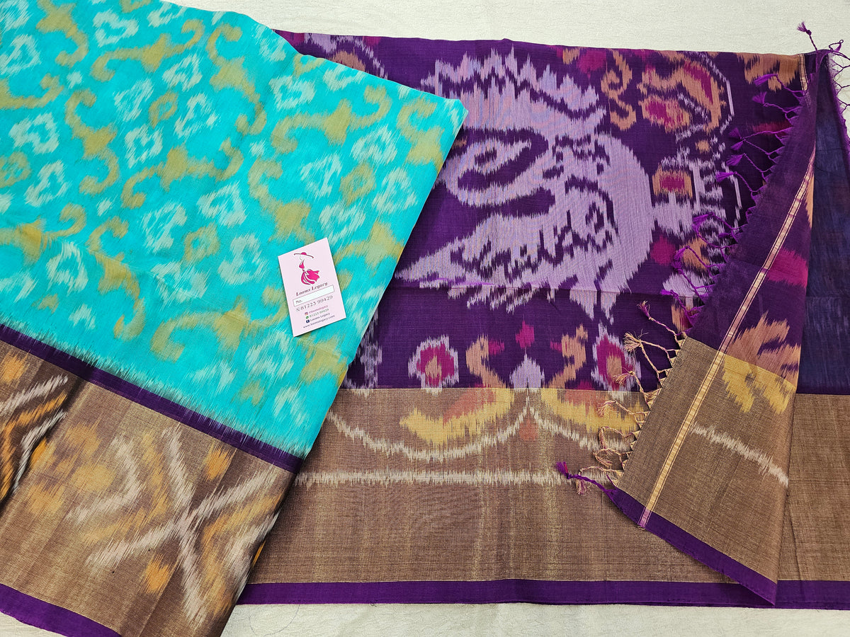 Blue with Purple Pochampally Ikkat Silk Cotton (SICO Pattu)